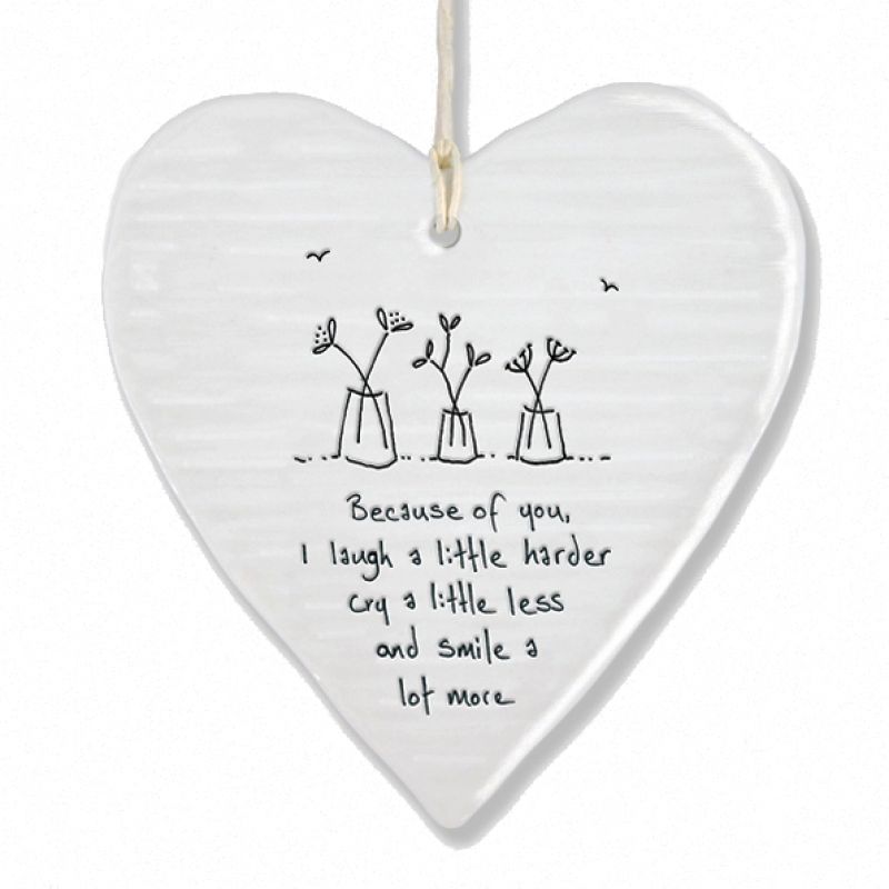 Wobbly round porcelain hanging heart - Because of you