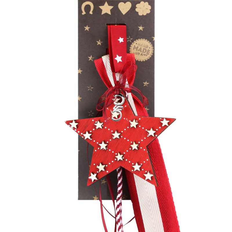 Lucky charm - wooden star red/white hanger 