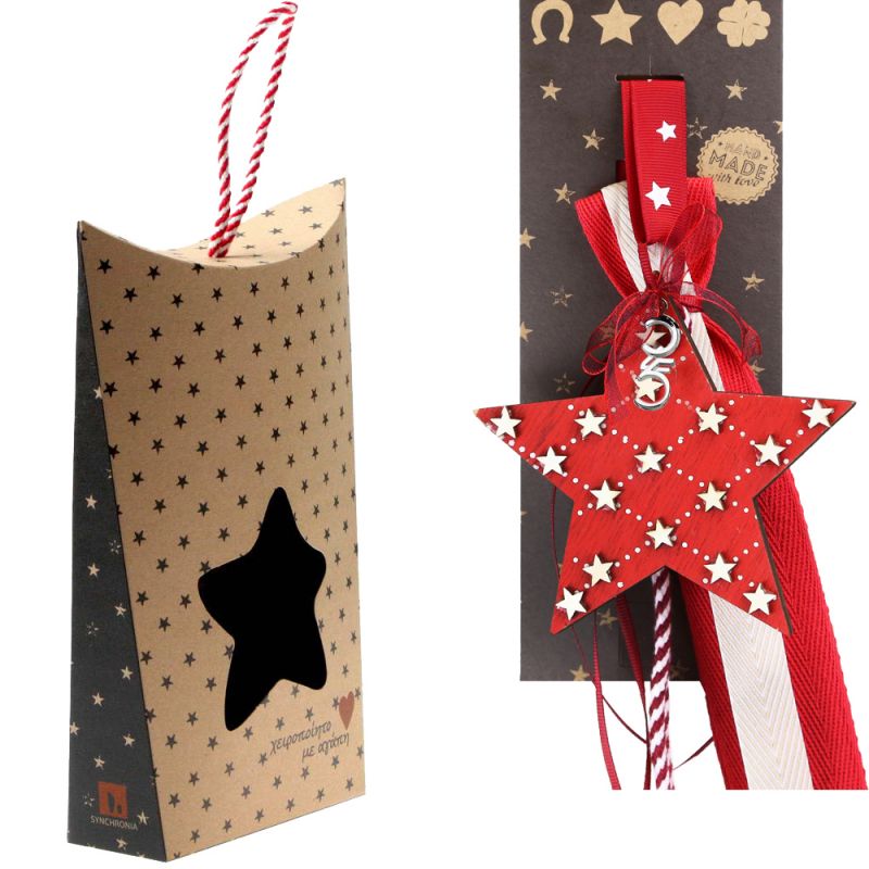 Lucky charm - wooden star red/white hanger 