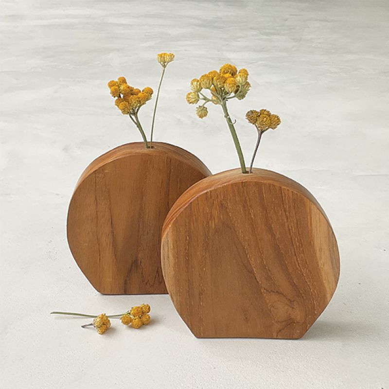 Flat round vase-Suar wood