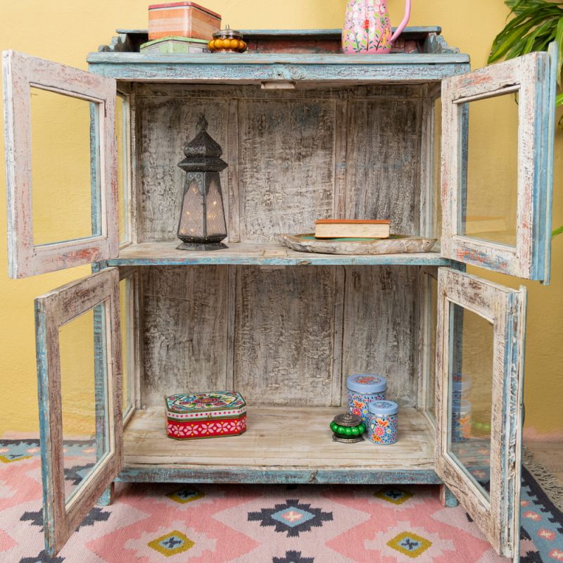 Distressed blue vintage, glazed single shelf cabinet