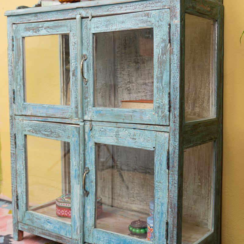 Distressed blue vintage, glazed single shelf cabinet