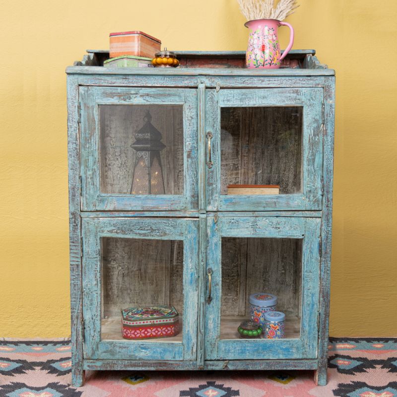 Distressed blue vintage, glazed single shelf cabinet