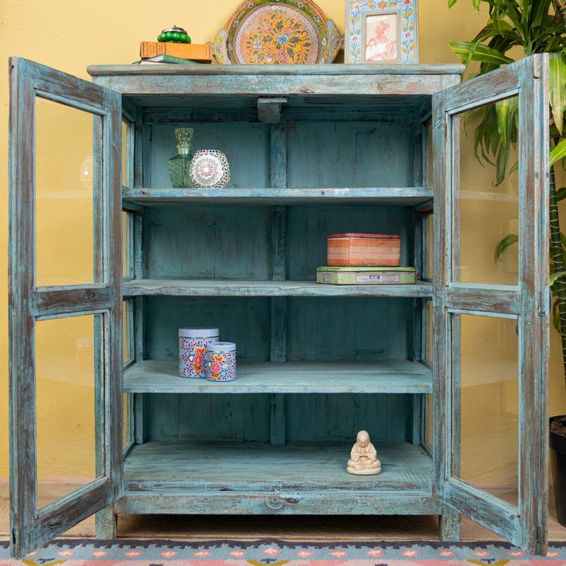 Distressed blue vintage, 2 glazed door, 4 shelf cabinet