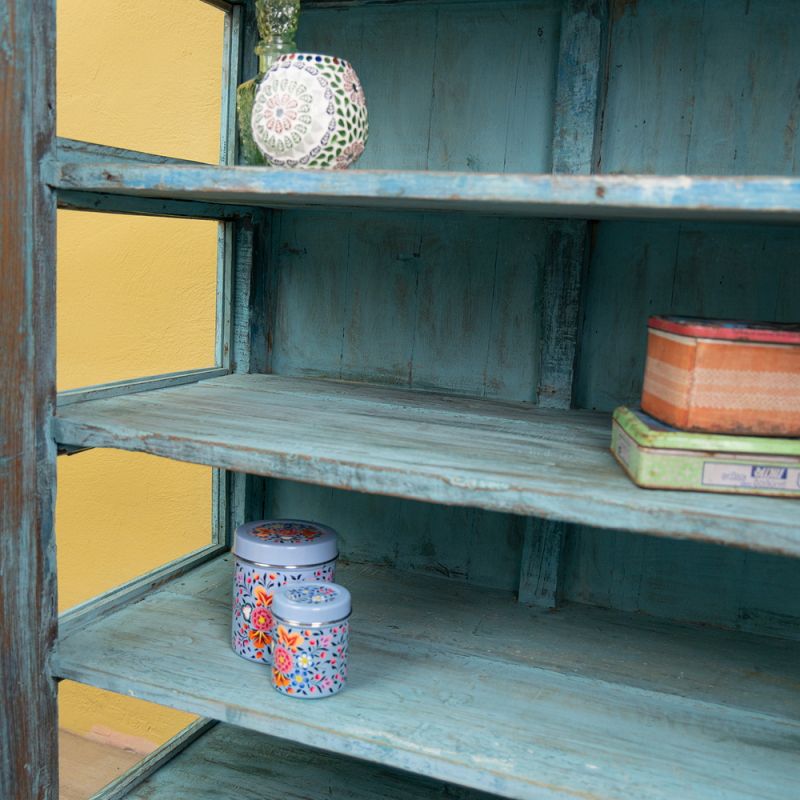 Distressed blue vintage, 2 glazed door, 4 shelf cabinet