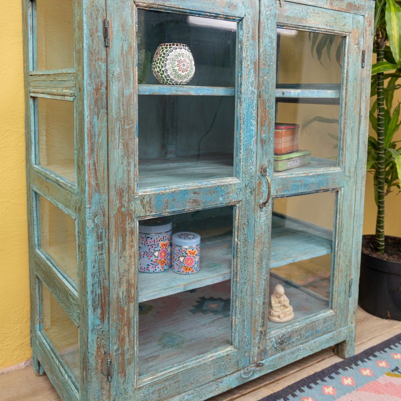 Distressed blue vintage, 2 glazed door, 4 shelf cabinet