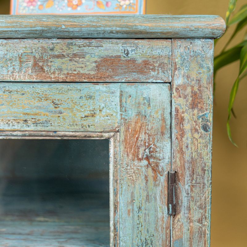 Distressed blue vintage, 2 glazed door, 4 shelf cabinet