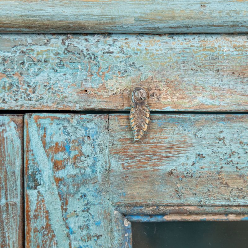 Distressed blue vintage, 2 glazed door, 4 shelf cabinet