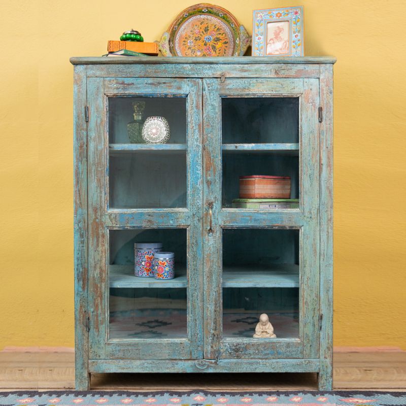 Distressed blue vintage, 2 glazed door, 4 shelf cabinet