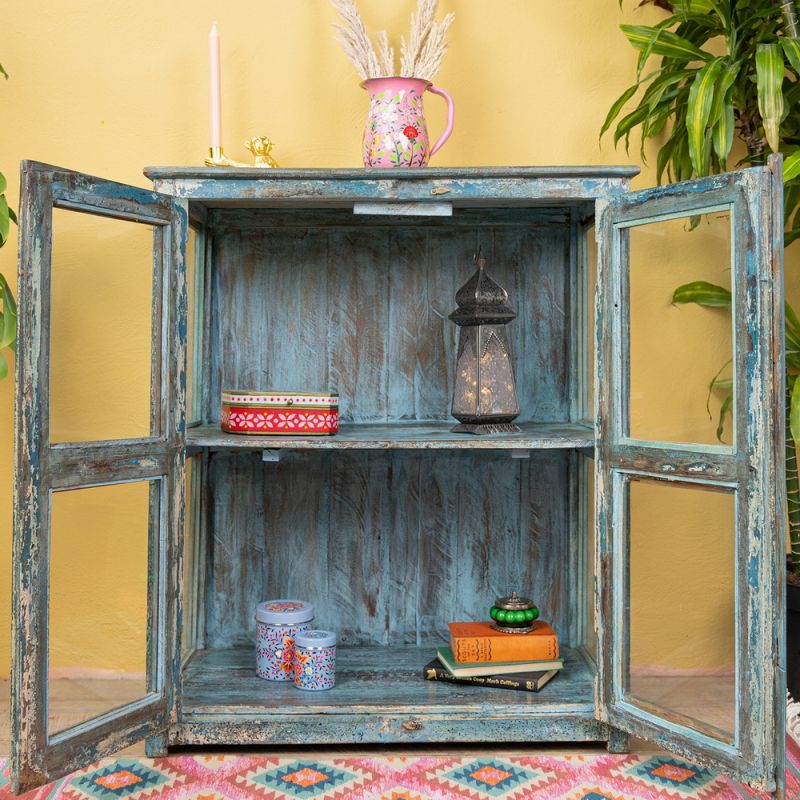 Vintage blue, 2 door display cabinet with central shelf