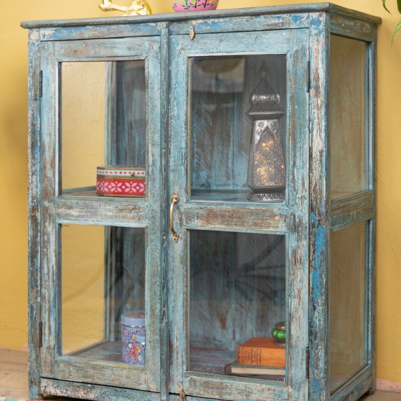 Vintage blue, 2 door display cabinet with central shelf