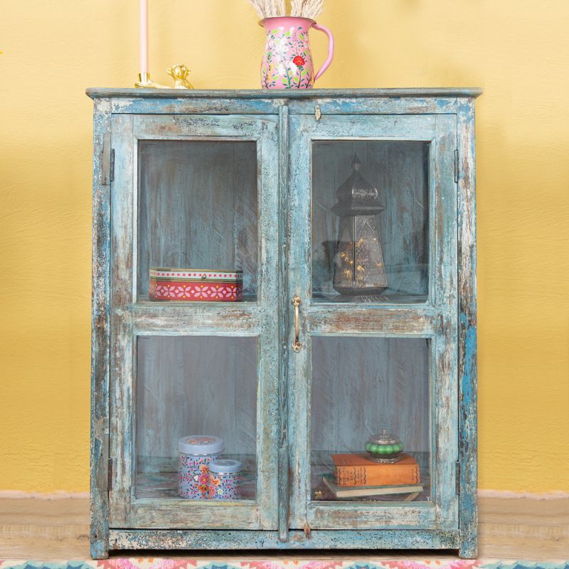 Vintage blue, 2 door display cabinet with central shelf