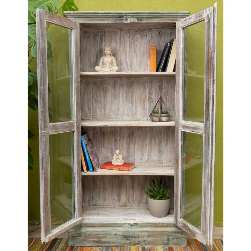 Front glazed vintage wood 2 door, 3 shelf cabinet