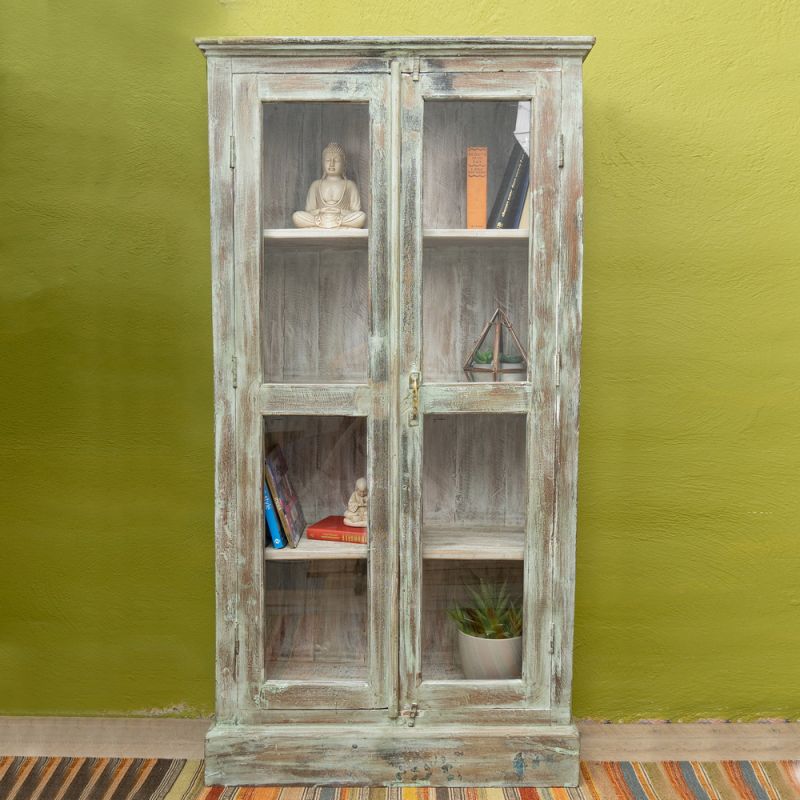 Front glazed vintage wood 2 door, 3 shelf cabinet