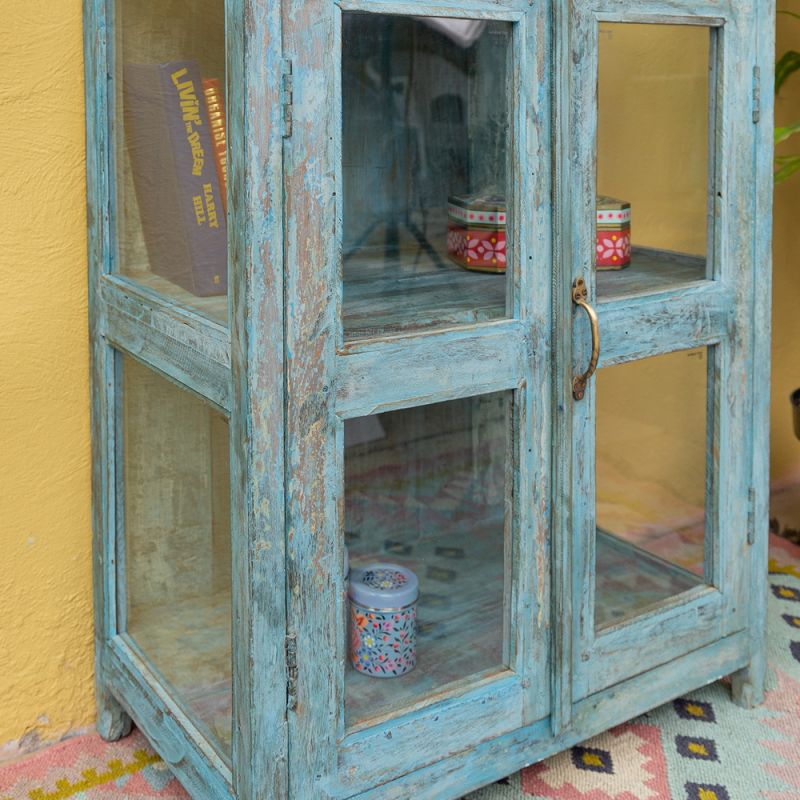 Distressed vintage turquoise wood & glass 2 door, central shelf cabinet