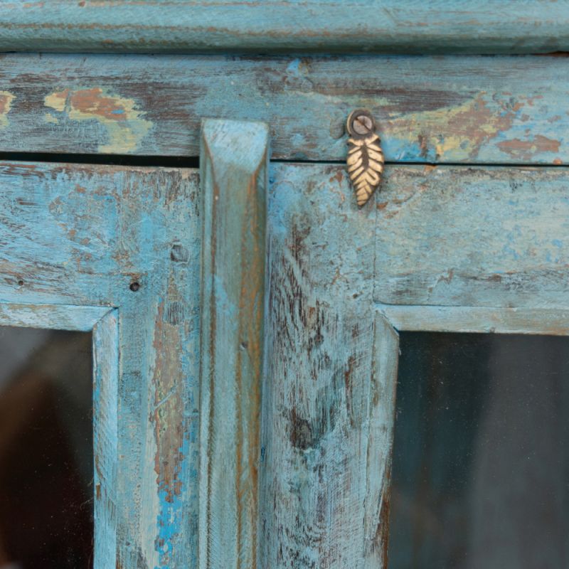 Distressed vintage turquoise wood & glass 2 door, central shelf cabinet