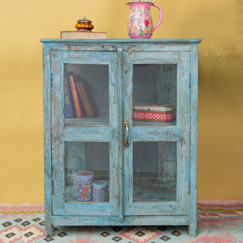 Distressed vintage turquoise wood & glass 2 door, central shelf cabinet