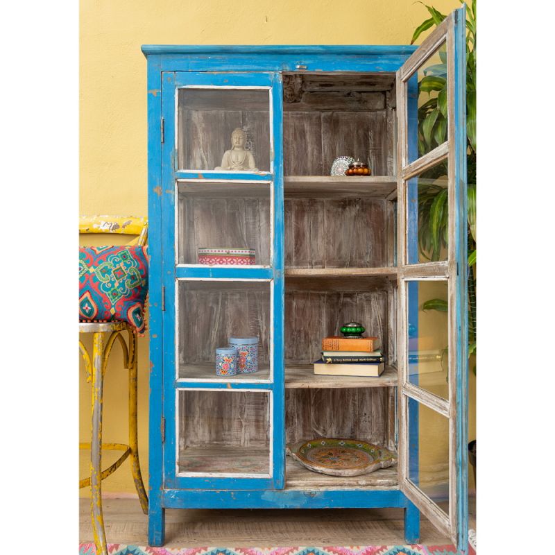 Vintage blue, 2 glazed door, 4 shelf cabinet