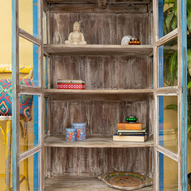 Vintage blue, 2 glazed door, 4 shelf cabinet