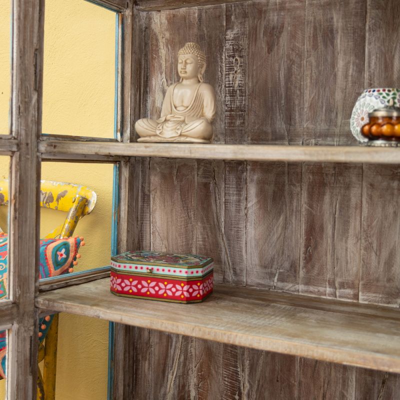 Vintage blue, 2 glazed door, 4 shelf cabinet