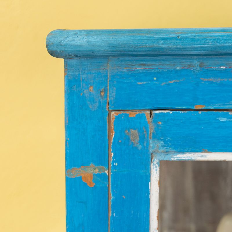 Vintage blue, 2 glazed door, 4 shelf cabinet