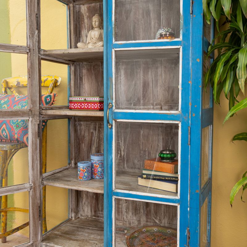 Vintage blue, 2 glazed door, 4 shelf cabinet