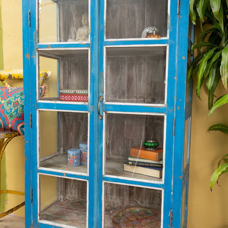 Vintage blue, 2 glazed door, 4 shelf cabinet