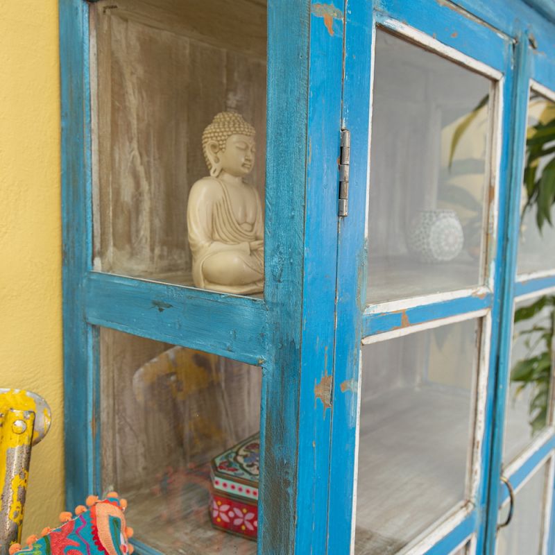 Vintage blue, 2 glazed door, 4 shelf cabinet