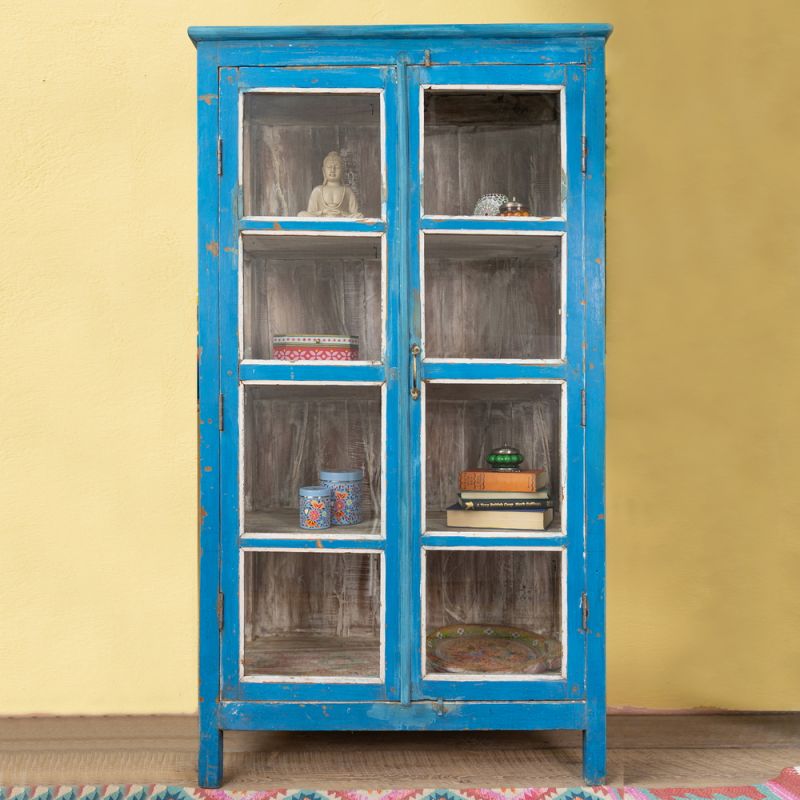 Vintage blue, 2 glazed door, 4 shelf cabinet