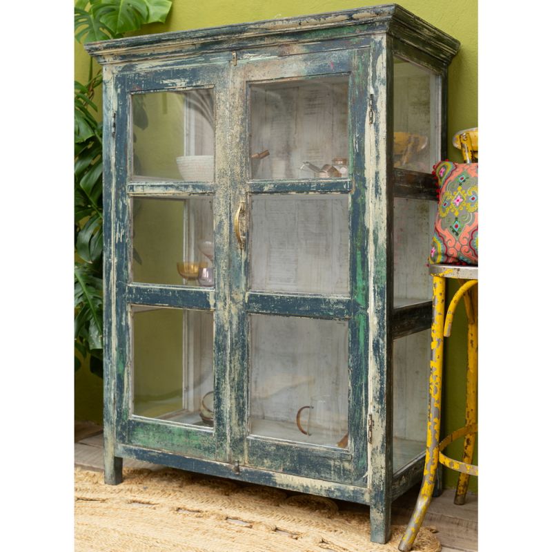 Distressed vintage teal wood & glass 2 door, 2 shelf cabinet