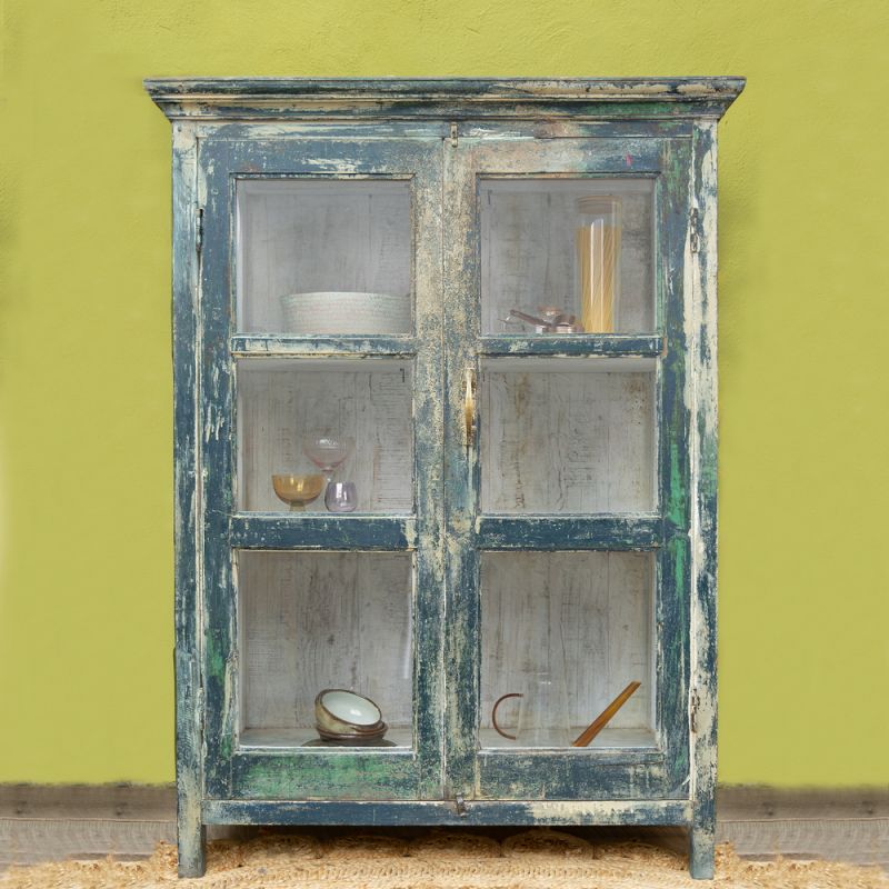 Distressed vintage teal wood & glass 2 door, 2 shelf cabinet