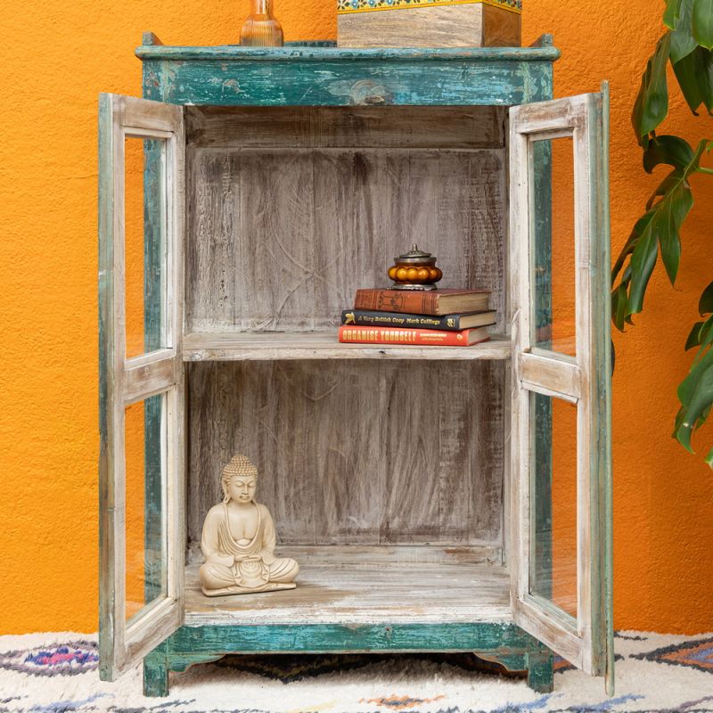 Vintage dark green wood & glass 2 door cabinet