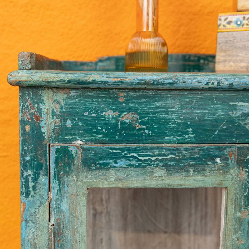 Vintage dark green wood & glass 2 door cabinet