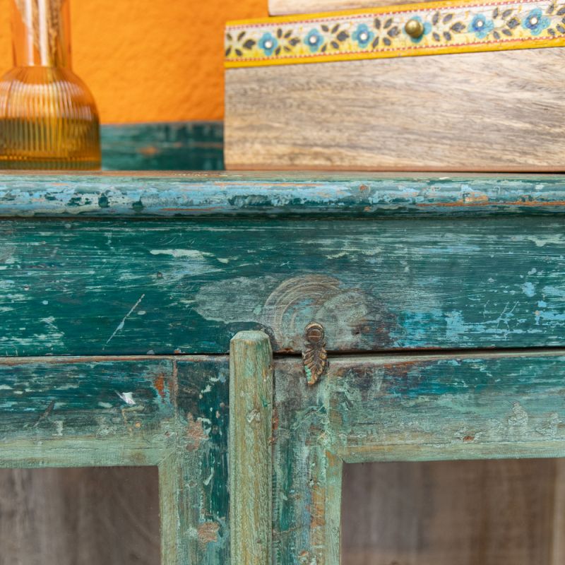 Vintage dark green wood & glass 2 door cabinet