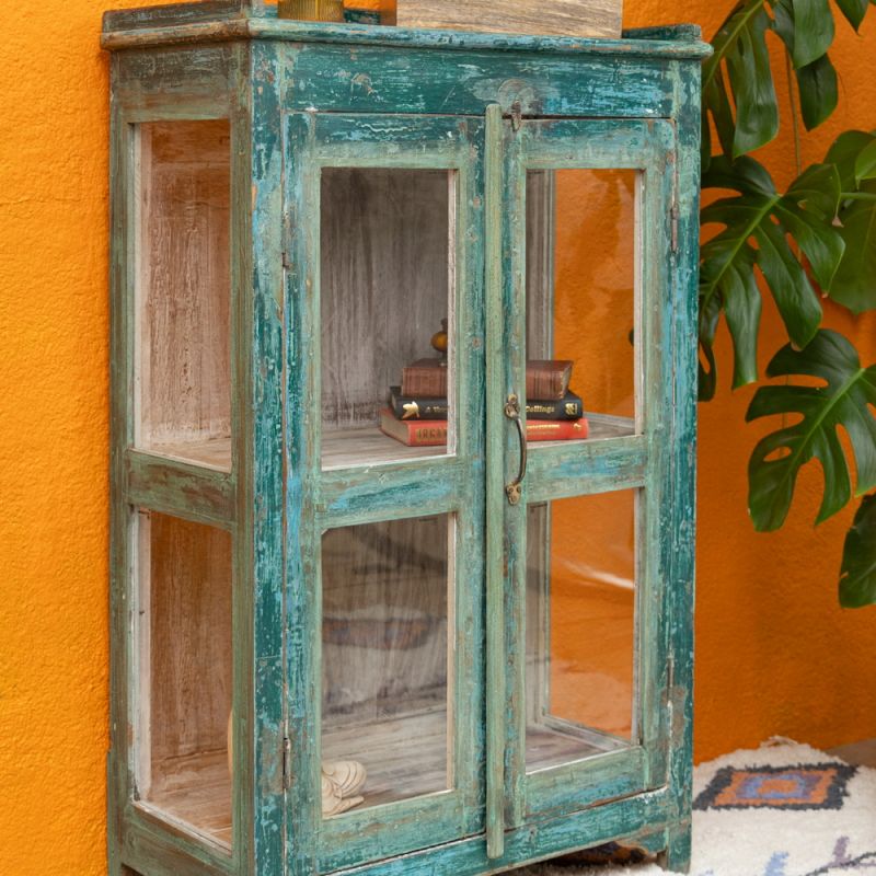 Vintage dark green wood & glass 2 door cabinet