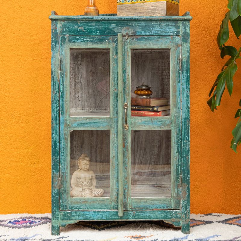 Vintage dark green wood & glass 2 door cabinet