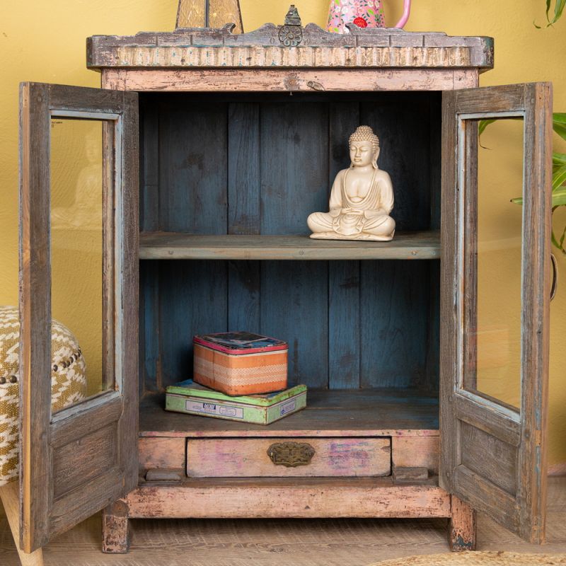 Vintage wood & glass 2 door, 2 shelf, concealed drawer cabinet