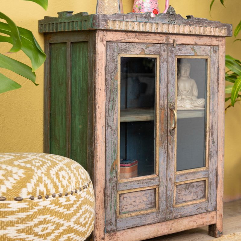 Vintage wood & glass 2 door, 2 shelf, concealed drawer cabinet