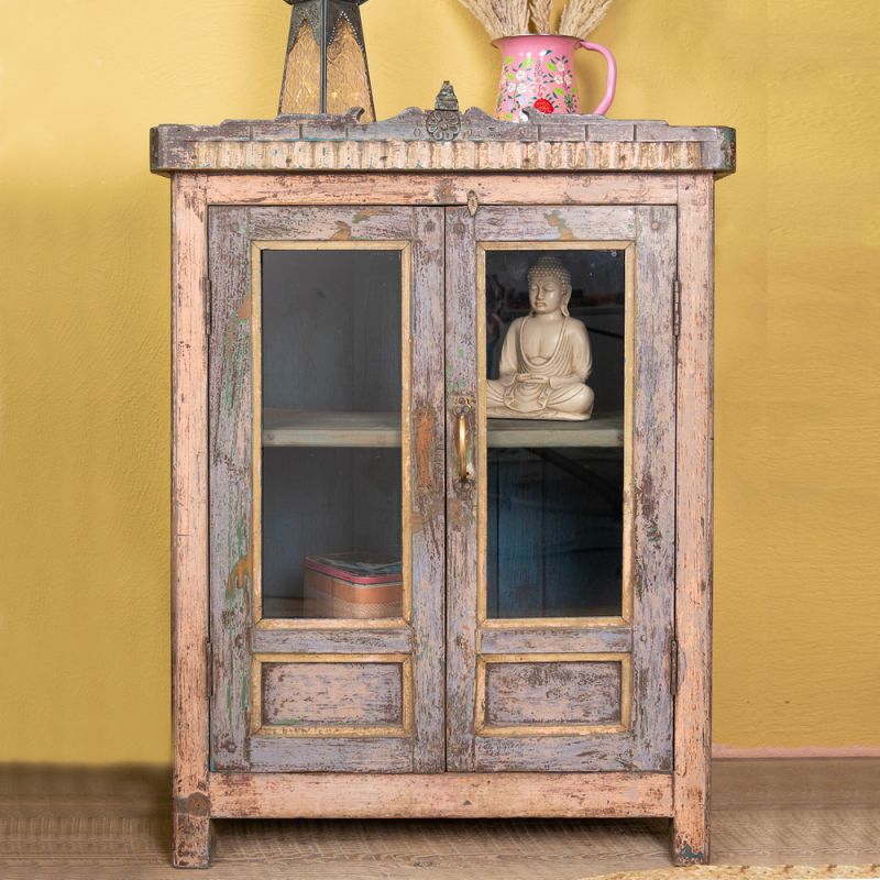 Vintage wood & glass 2 door, 2 shelf, concealed drawer cabinet