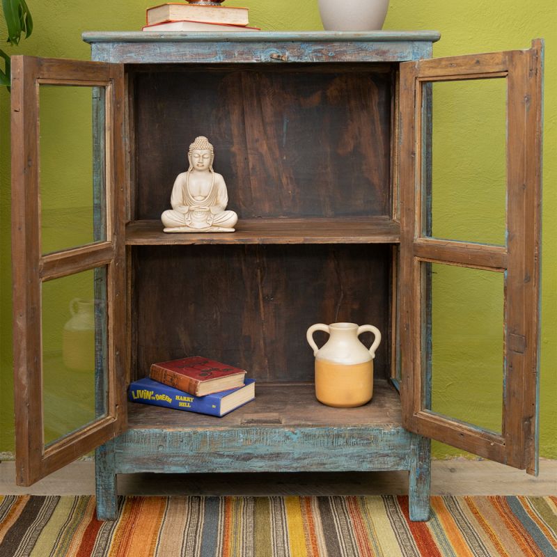 Vintage turquoise wood display cabinet with central shelf