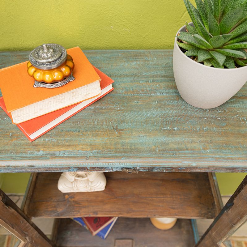 Vintage turquoise wood display cabinet with central shelf