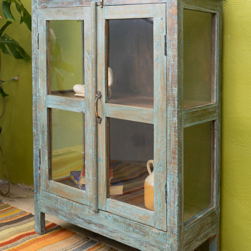 Vintage turquoise wood display cabinet with central shelf