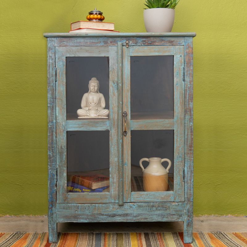 Vintage turquoise wood display cabinet with central shelf