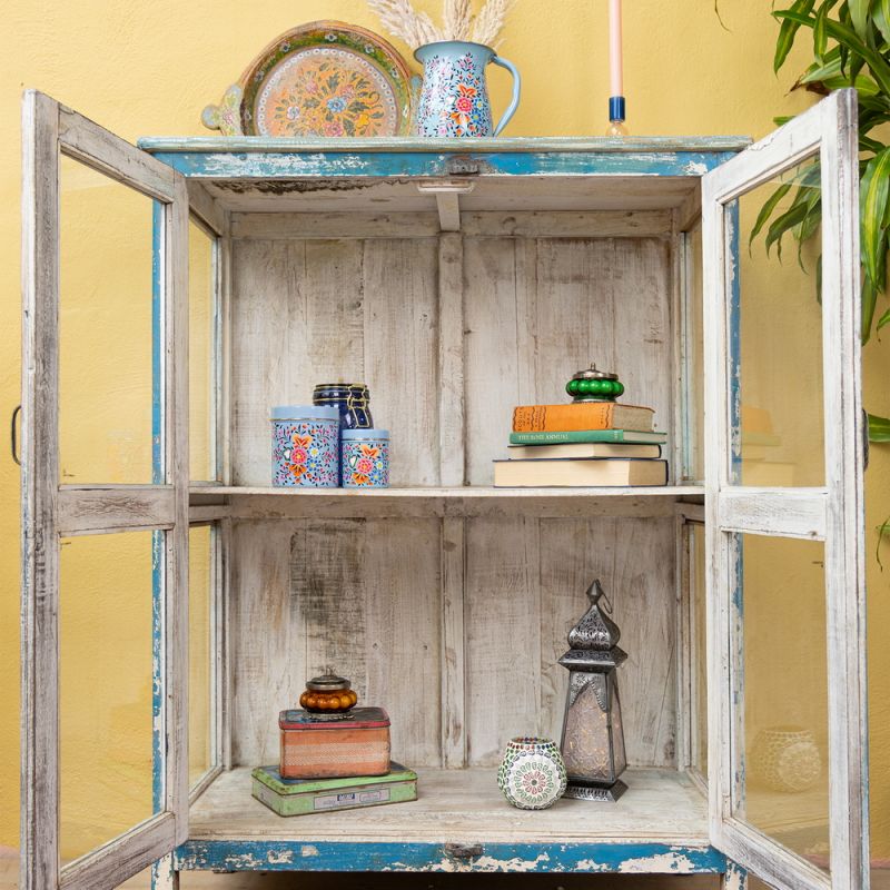 Distressed vintage blue wood & glass 2 door, single shelf cabinet