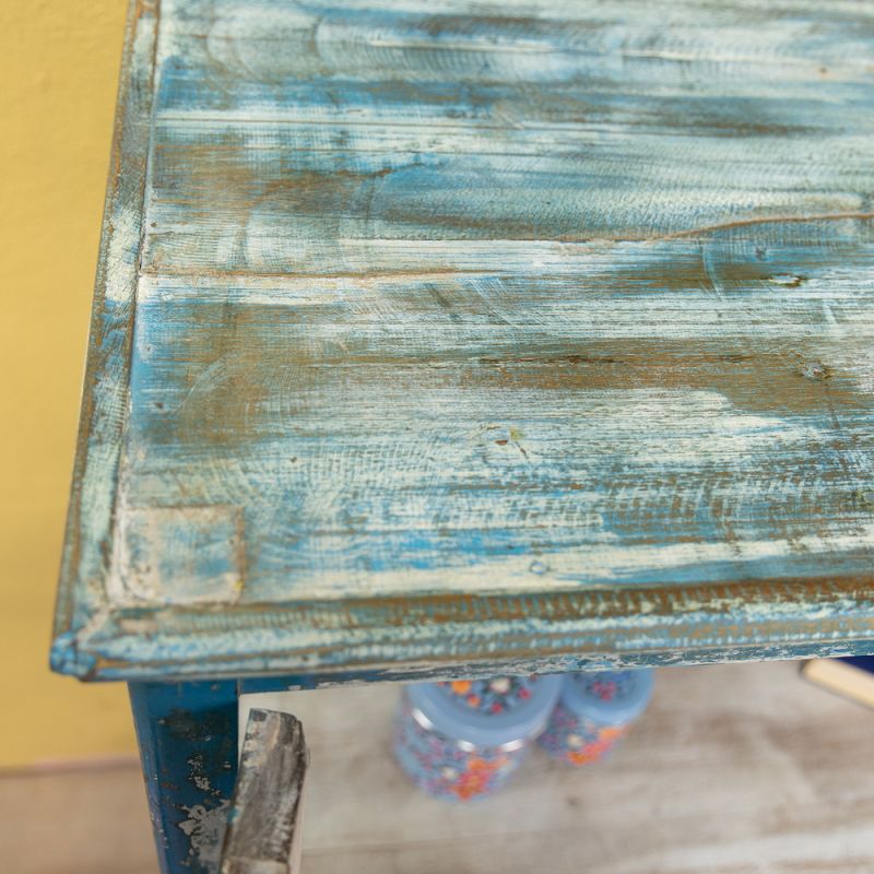 Distressed vintage blue wood & glass 2 door, single shelf cabinet