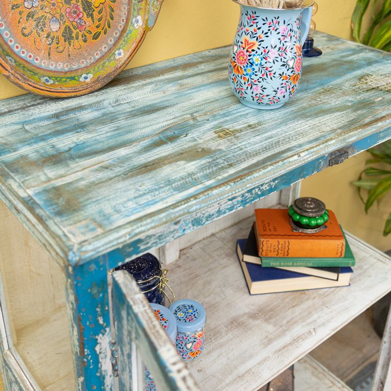 Distressed vintage blue wood & glass 2 door, single shelf cabinet