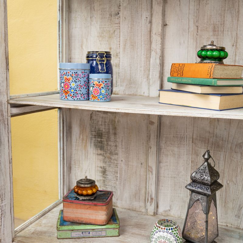 Distressed vintage blue wood & glass 2 door, single shelf cabinet