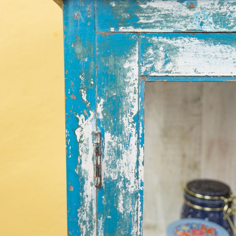 Distressed vintage blue wood & glass 2 door, single shelf cabinet