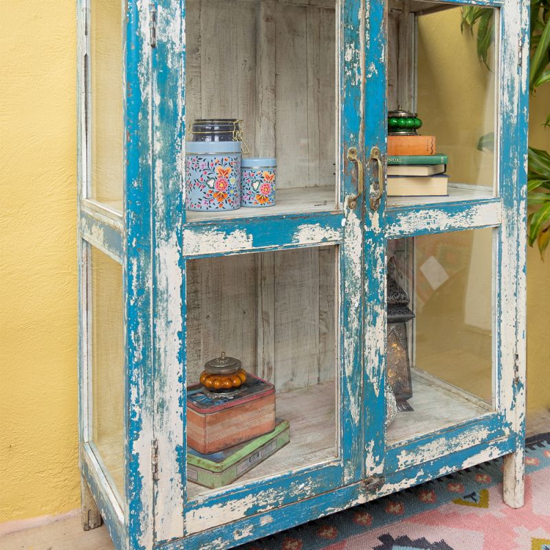 Distressed vintage blue wood & glass 2 door, single shelf cabinet