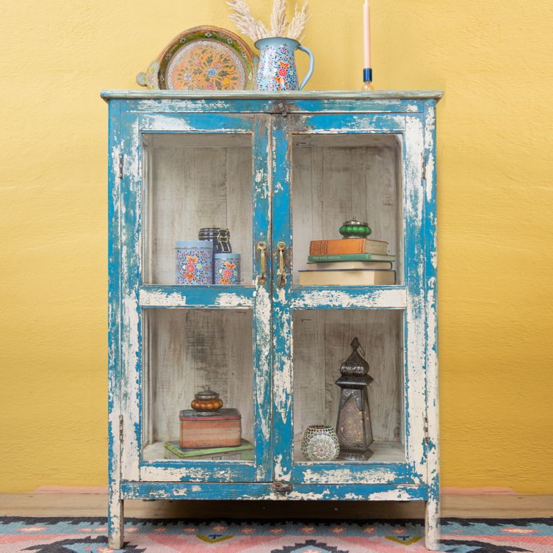 Distressed vintage blue wood & glass 2 door, single shelf cabinet